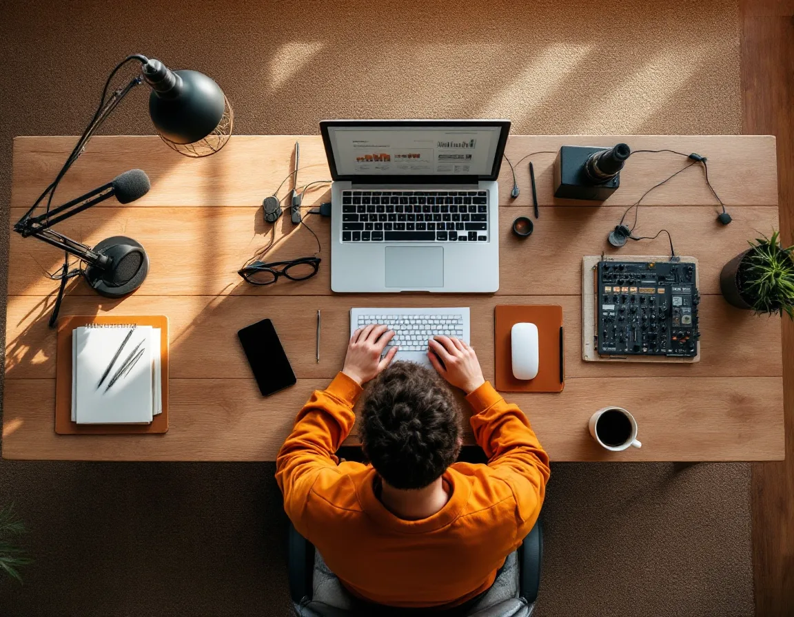 A producer writing show notes at a warm wooden studio desk