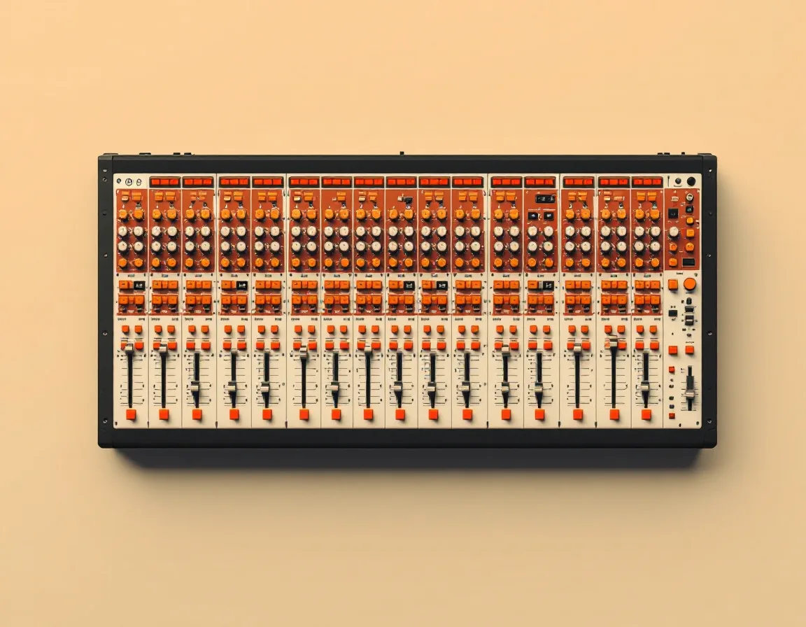 Top-down view of a mixing console with faders