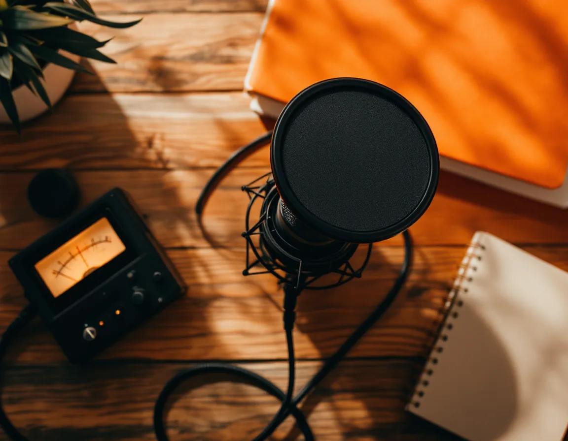 Top-down view of a studio microphone with pop filter and VU meter
